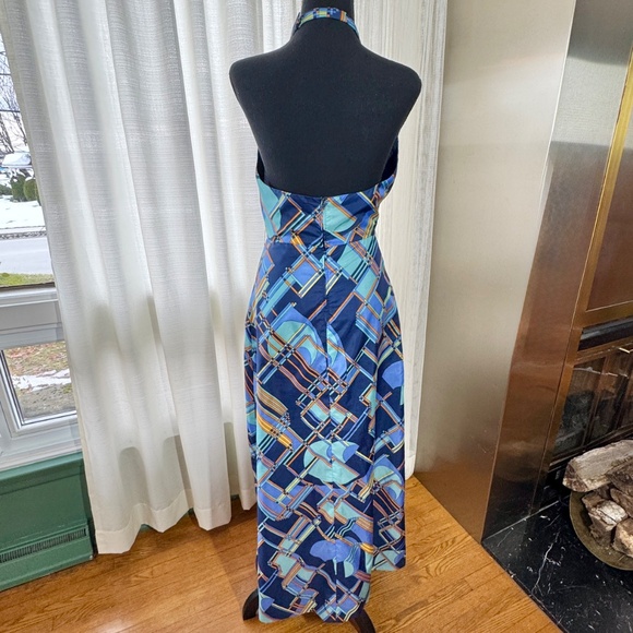 Vintage 60s halter maxi dress, blue orange abstract pattern, Norbert Carlin, 0/2 - Picture 7 of 15